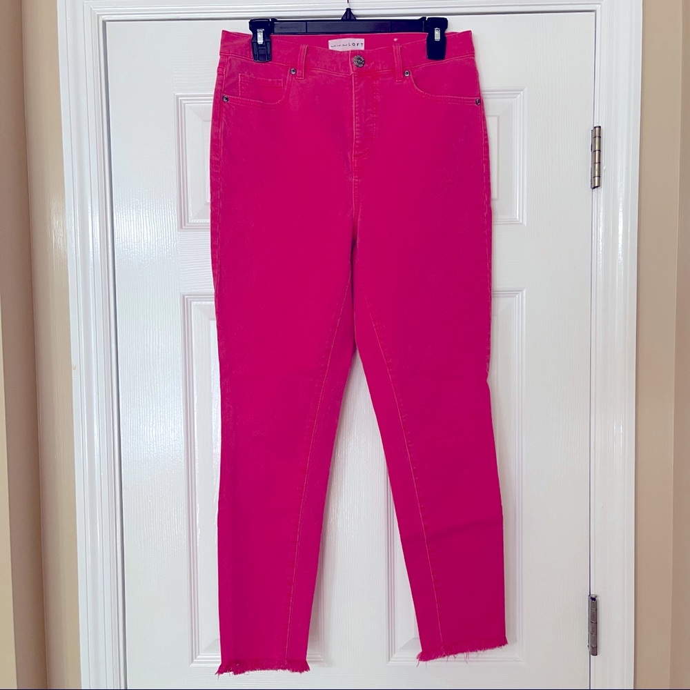 Loft High Waist Red Skinny Jeans Frayed Hem
